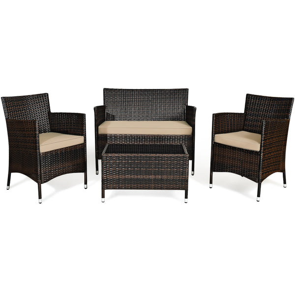 4 Pieces Comfortable Rattan Outdoor Sofa Set with Glass Table