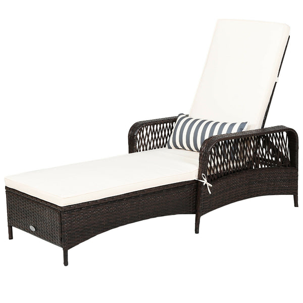 Wicker Patio Chaise Lounge Chair with Pillow and Adjustable Backrest