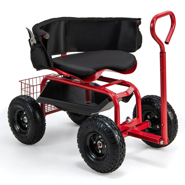 Cushioned Rolling Garden Cart Scooter with Storage Basket and Tool Pouch