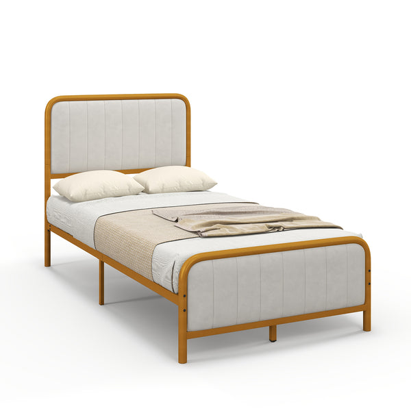 Upholstered Gold Platform Bed Frame with Velvet Headboard