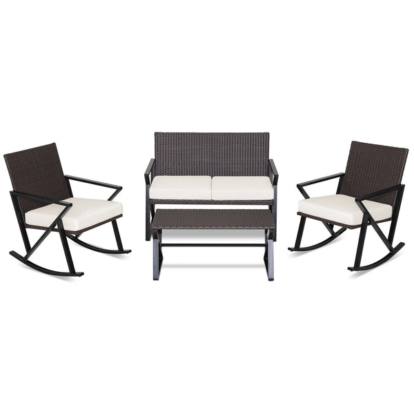 4 Pieces Patio Rocking Furniture Set with Loveseat and Coffee Table