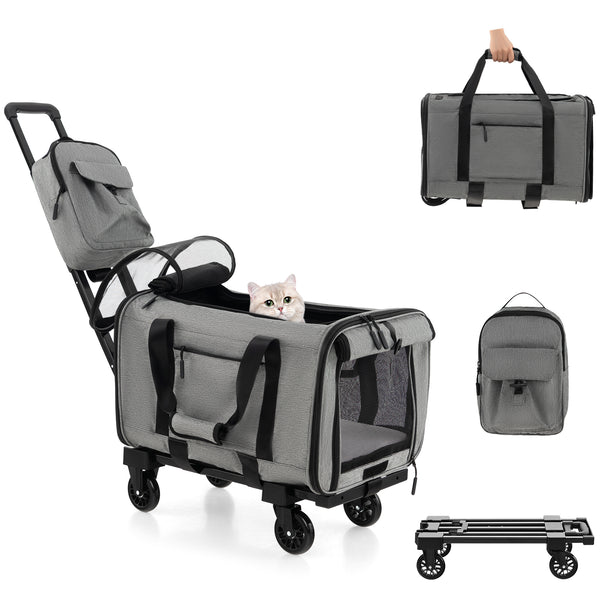 Rolling Cat Carrier with Dual-use Pads and Litter Bag