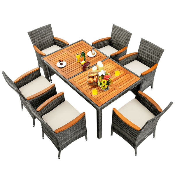 7 Pieces Patio Acacia Wood Cushioned PE Rattan Wicker Dining Set