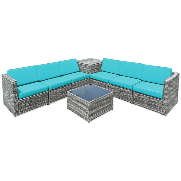 8 Pieces Wicker Sofa Rattan Dining Set Patio Furniture with Storage Table