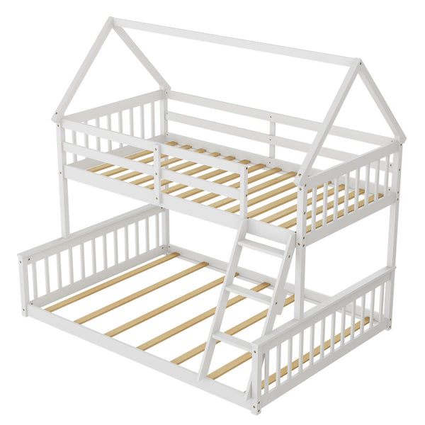 Twin Over Full House Bunk Bed with Ladder and Guardrails