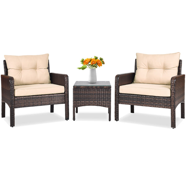 3 Pieces Outdoor Patio Rattan Conversation Set with Seat Cushions