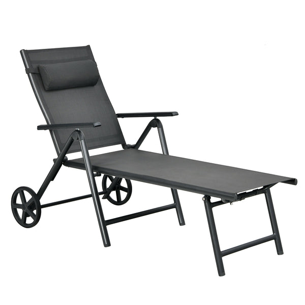 Patio Lounge Chair with Wheels Neck Pillow Aluminum Frame Adjustable