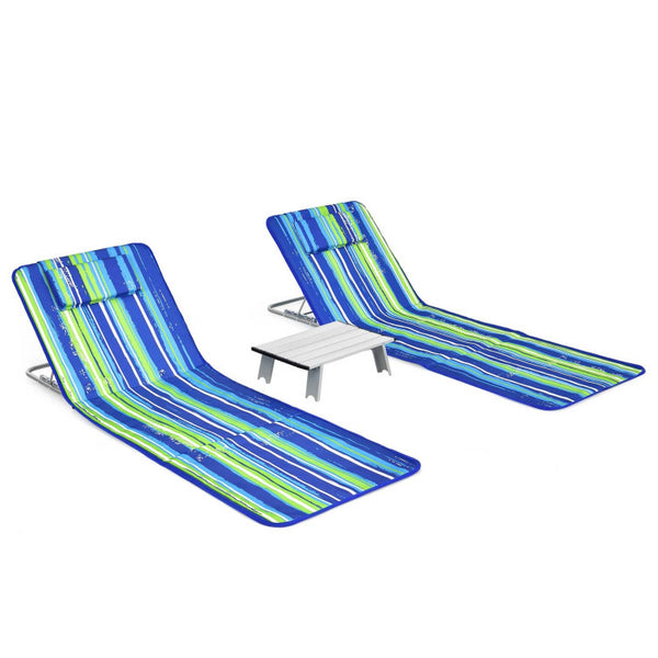 3-Piece Beach Lounge Chair Mat Set 2 Adjustable Lounge Chairs with Table Stripe
