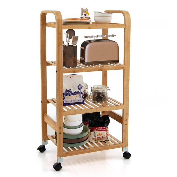 Bamboo Utility Cart with Storage Shelf and Lockable Casters