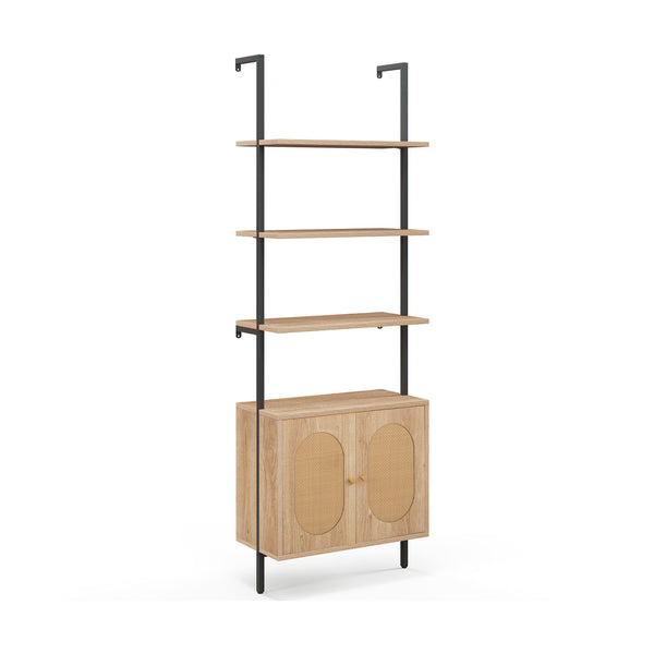 71 Inch 6-Tier Wall Mounted Ladder Bookshelf with Rattan Cabinet