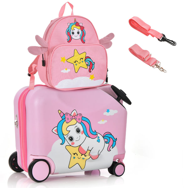 2 Pieces 18 Inch Ride-on Kids Luggage Set with Spinner Wheels and Bee Pattern