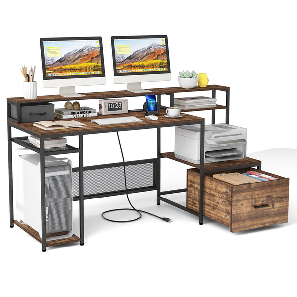 67 Inch Computer Desk with Monitor Stand & File Drawer
