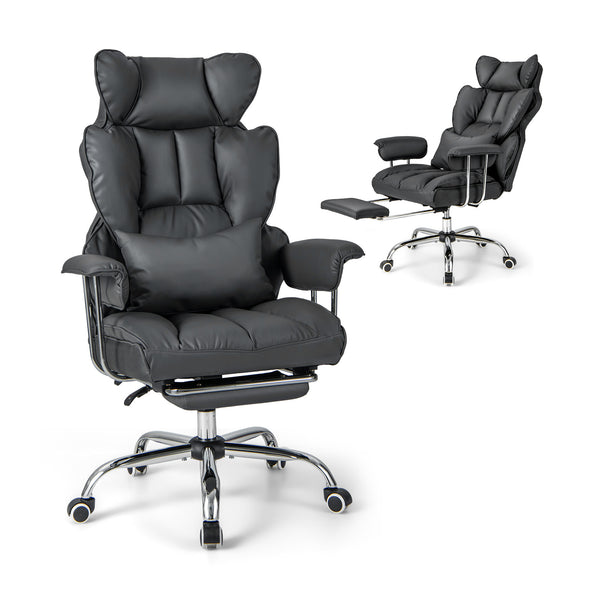 Adjustable Swivel Office Chair with Reclining Backrest and Retractable Footrest