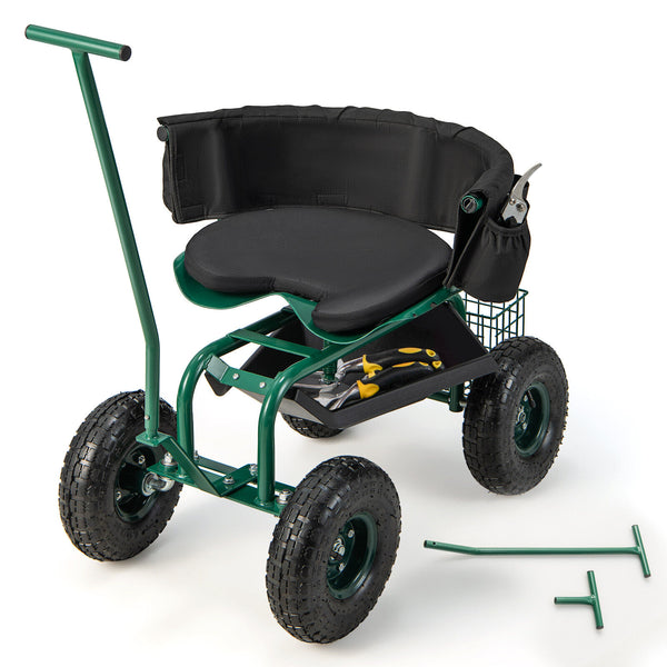 Rolling Garden Cart with Height Adjustable Swivel Seat and Storage Basket