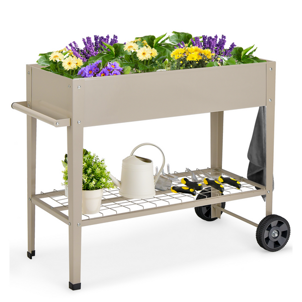 Metal Raised Garden Bed with Storage Shelf Hanging Hooks and Wheels