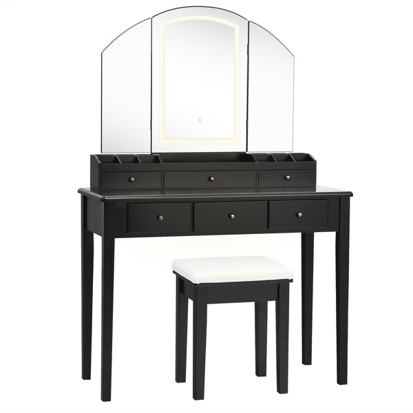 Vanity Table Stool Set with Large Tri-folding Lighted Mirror