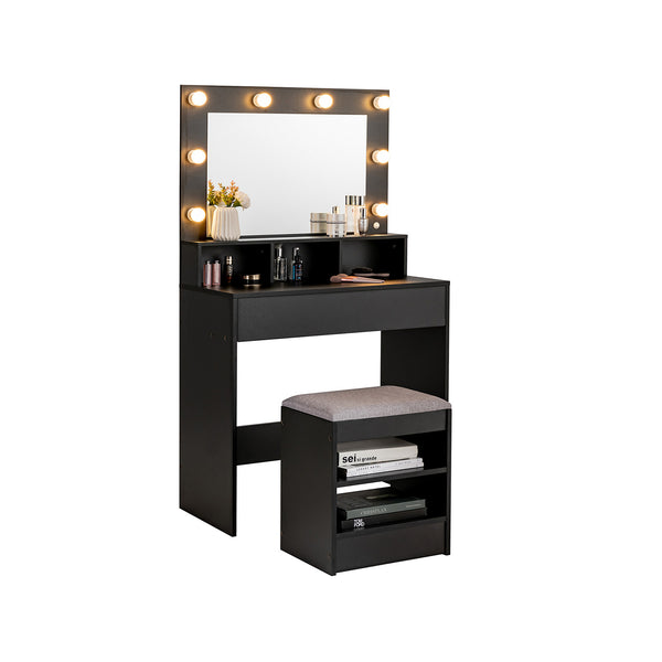 Vanity Table Set with Lighted Mirror and Cushioned Stool