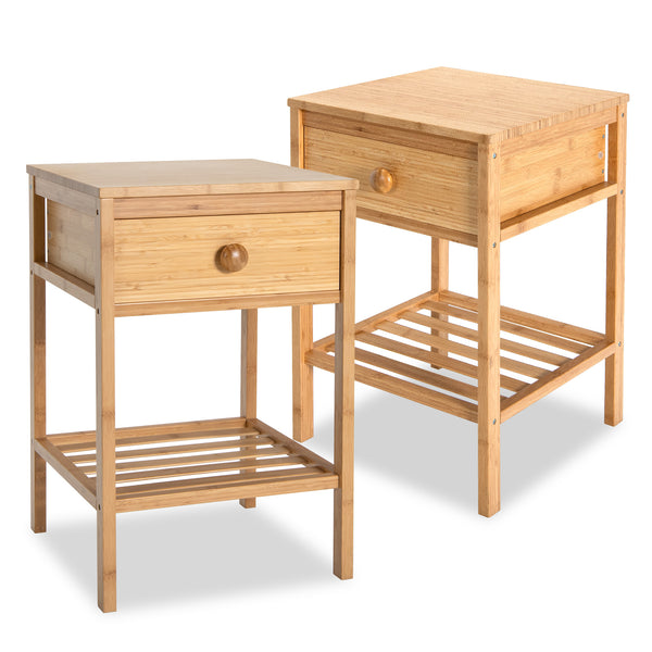 Set of 2 Bamboo End Tables with Drawer and Open Shelf