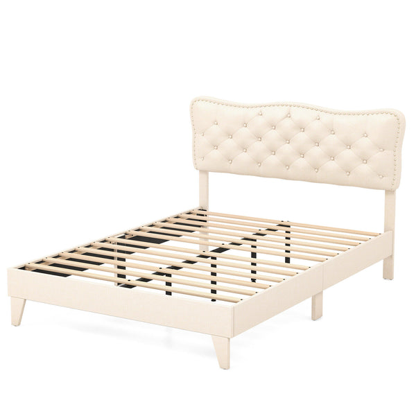 Full/Queen Size Bed Frame with Nail Headboard and Wooden Slats