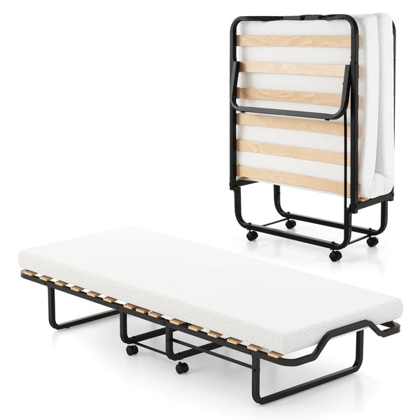 Twin Size Folding Bed with Foam Mattress and Lockable Wheels