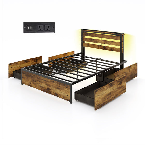 Full/Queen/Twin Size Bed Frame with Drawers LED Lights and USB Ports