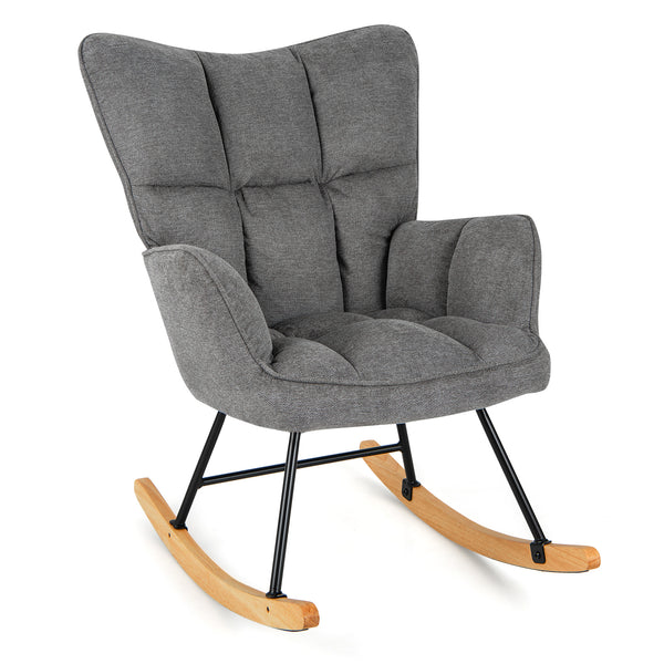 Linen Nursery Rocking Chair with High Backrest and Padded Armrests