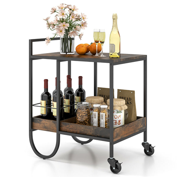 Rolling Buffet Serving Cart with Removable Metal Wire Wine Rack