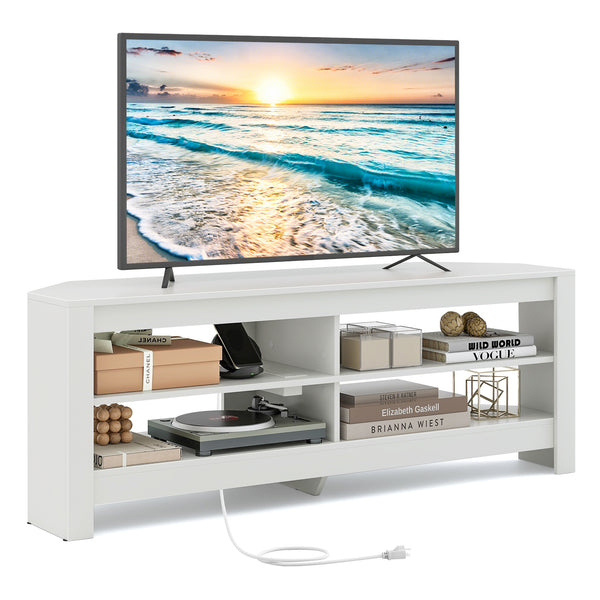 Corner TV Stand with Power Outlet and 4 Open Storage Shelves