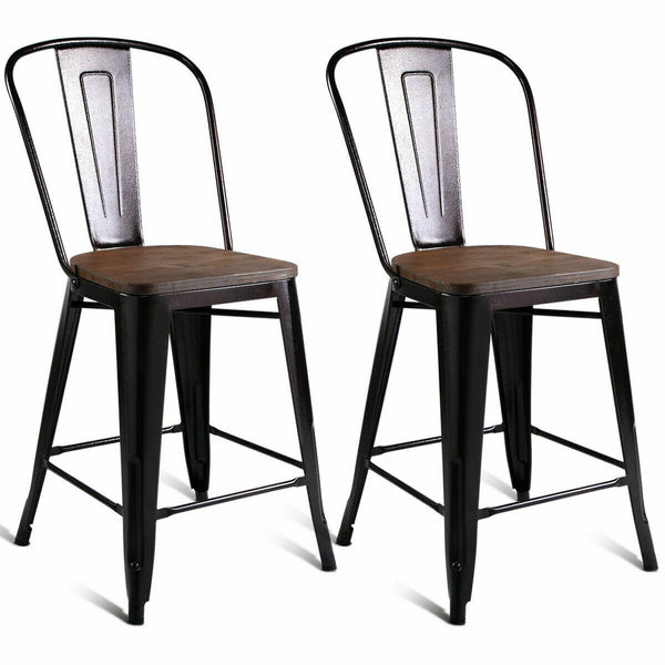 Copper Barstool Set of 2 Metal Wood Counter Chairs with Wood Top and High Backrest