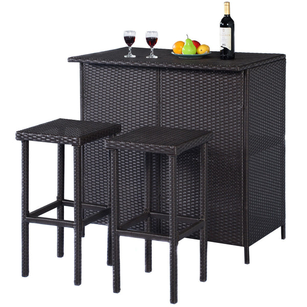 3 pcs Patio Outdoor Rattan Wicker Bar Table and 2 Stools