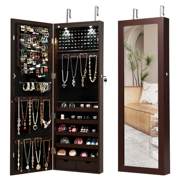 Lockable Wall Mount Mirrored Jewelry Cabinet with LED Lights