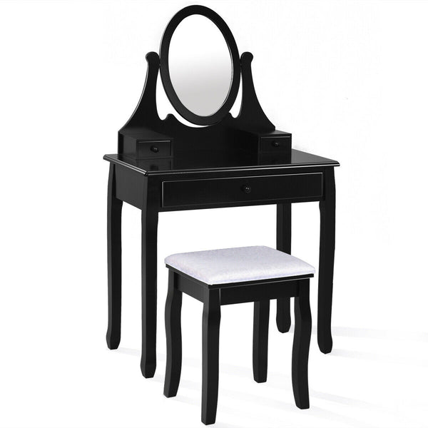 Bathroom Vanity Wooden Makeup Dressing Table Stool Set with 360 Degree Rotating Mirror