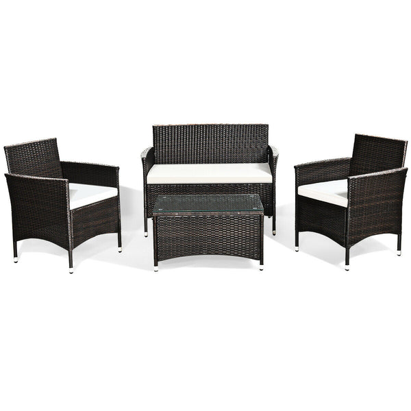 4 pcs Patio Garden Rattan Furniture Set Coffee Table Cushioned Sofa