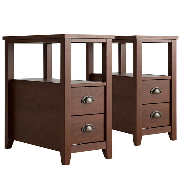 2 Pieces Wooden Bed-side Nightstand Set with 2 Drawers