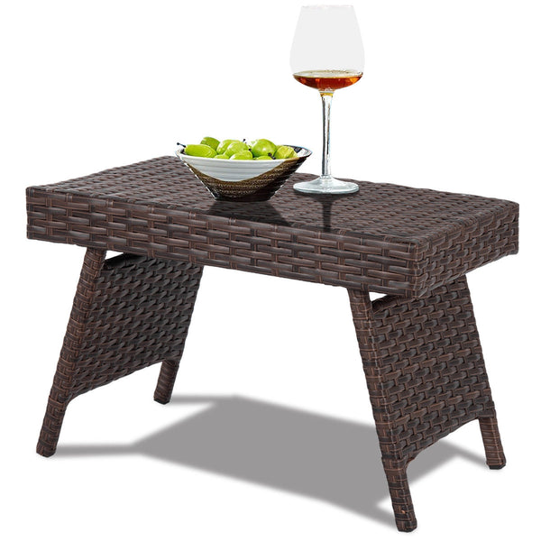 Folding PE Rattan Side Coffee Table Patio Garden Furniture