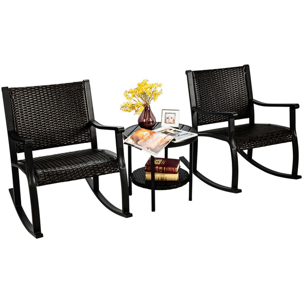 3 Pcs Patio Rattan Furniture Set with Coffee Table and Rocking Chairs