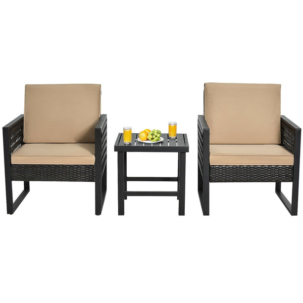 3 Pieces Patio Rattan Bistro Cushioned Furniture Set