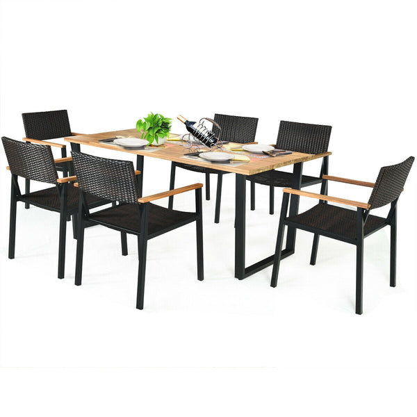 Patented 7 Pieces Outdoor Dining Set with Large Acacia Wood Table Top