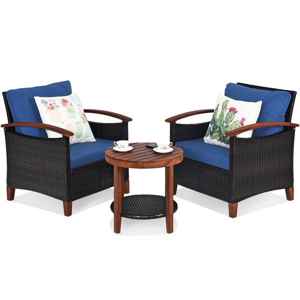 3 Pieces Patio Wicker Furniture Set with Washable Cushion and Acacia Wood Tabletop