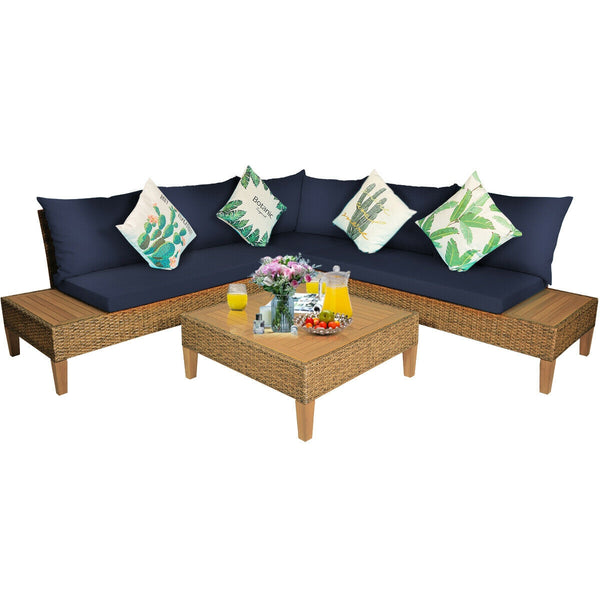 4PCS Patio Rattan Furniture Set with Wooden Side Table