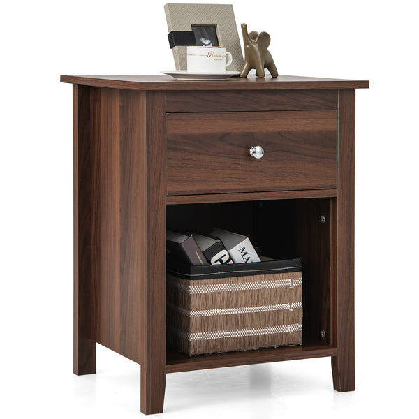 Wooden Nightstand with Slide-out Drawer and Open Shelf