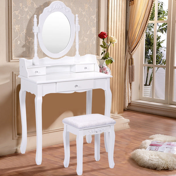 Vanity Table Set with Cushioned Stool with 360 Degree Rotating Oval Mirror and Three Drawers