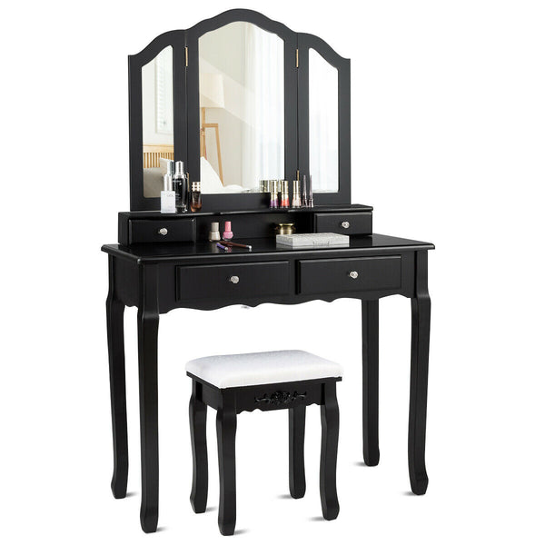 Tri Folding Mirror Vanity Table Stool Set with 4 Drawers and Cushioned Stool