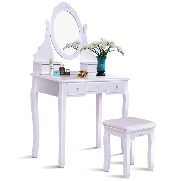 Wooden Vanity Set with 360 Degree Rotating Oval Mirror and Cushioned Stool