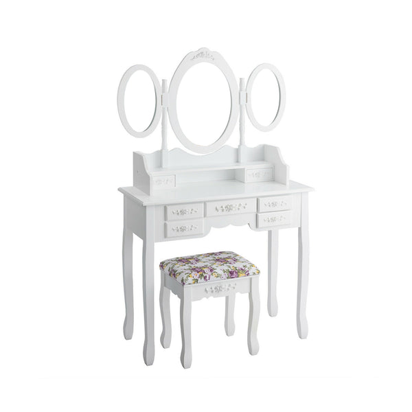 Vanity Set with Tri-Folding Mirror and Cushioned Stool