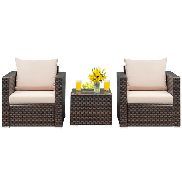3 Pieces Patio Conversation Rattan Furniture Set with Cushion