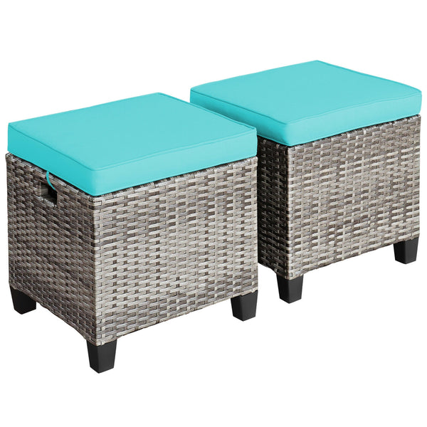 2PCS Patio Rattan Wicker Ottoman Seat with Removable Cushions