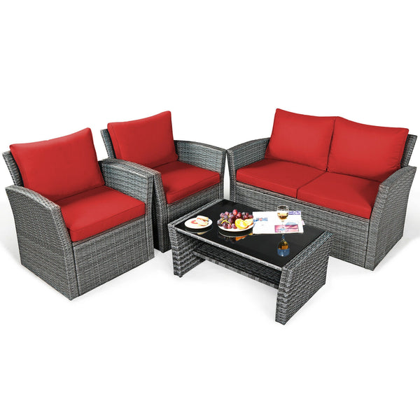 4 Pieces Patio Rattan Furniture Set Sofa Table with Storage Shelf Cushion