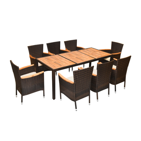 9 Pieces Ratten Dining Set with Acacia Wood Table and Stackable Cushioned Chairs