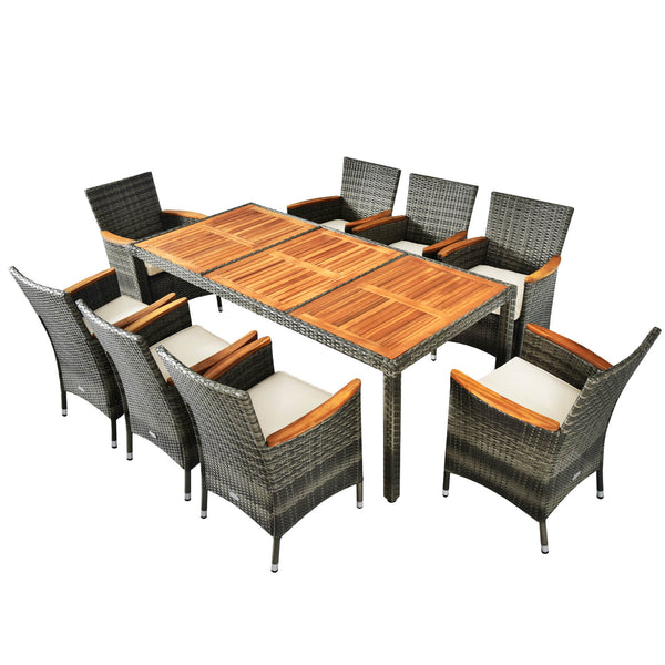 9 Pieces Patio Rattan Dining Set Acacia Wood Table Cushioned Chair